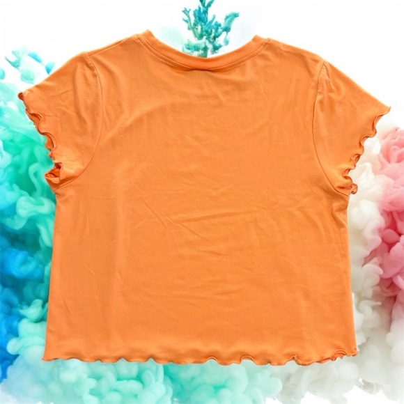 NWT Rue21 “Fire” Graphic Orange Cropped Tee Short Sleeve Ruffled Hem Medium - Picture 2 of 7